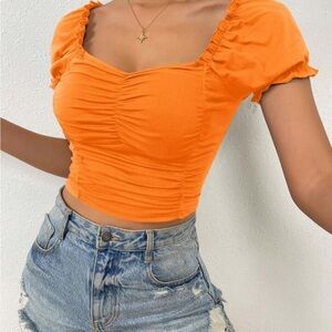 Frill Trim Ruched Front Puff Sleeve Crop Tee Size Large